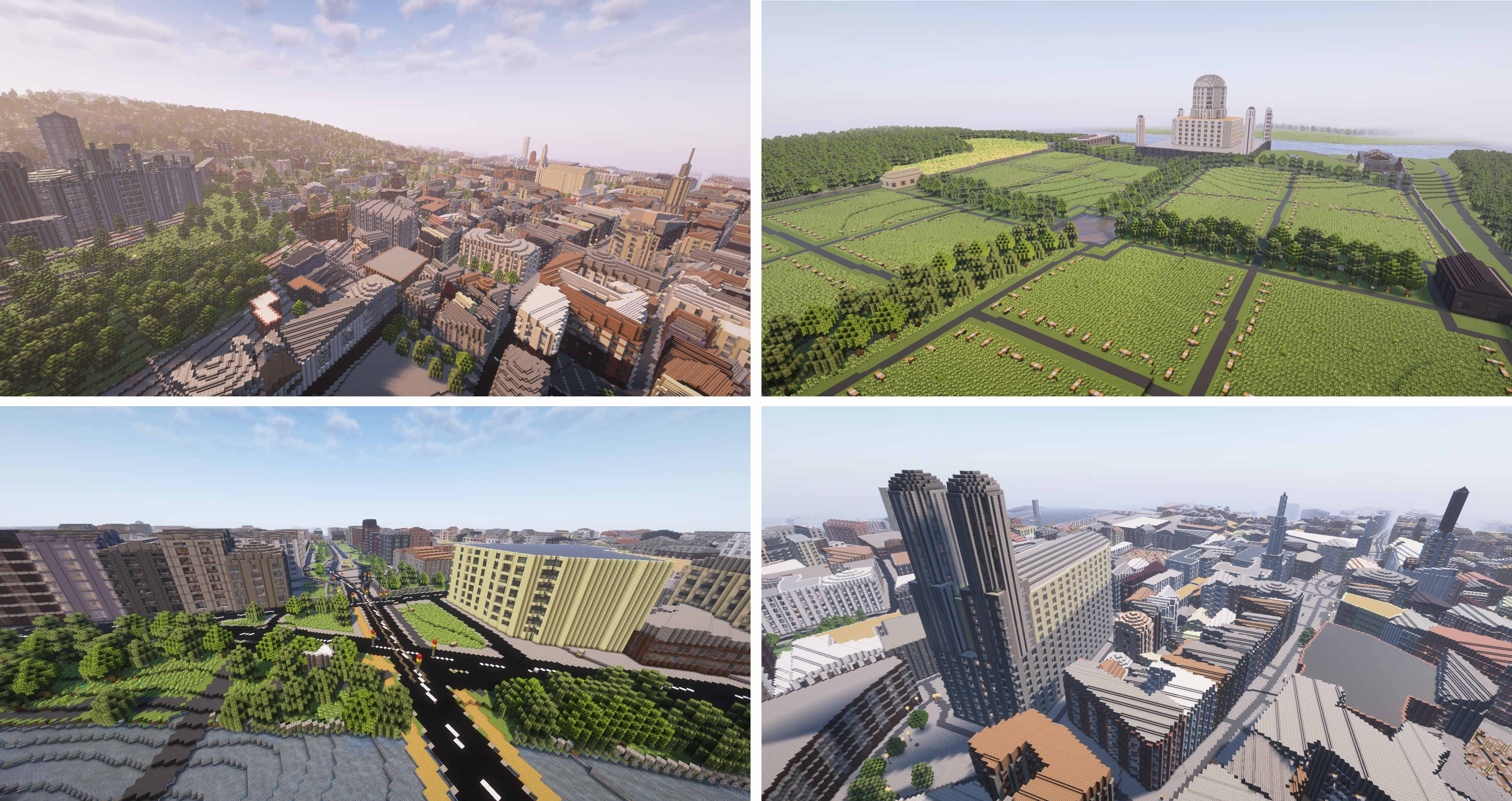 Different city types generated in Minecraft showing varied urban layouts