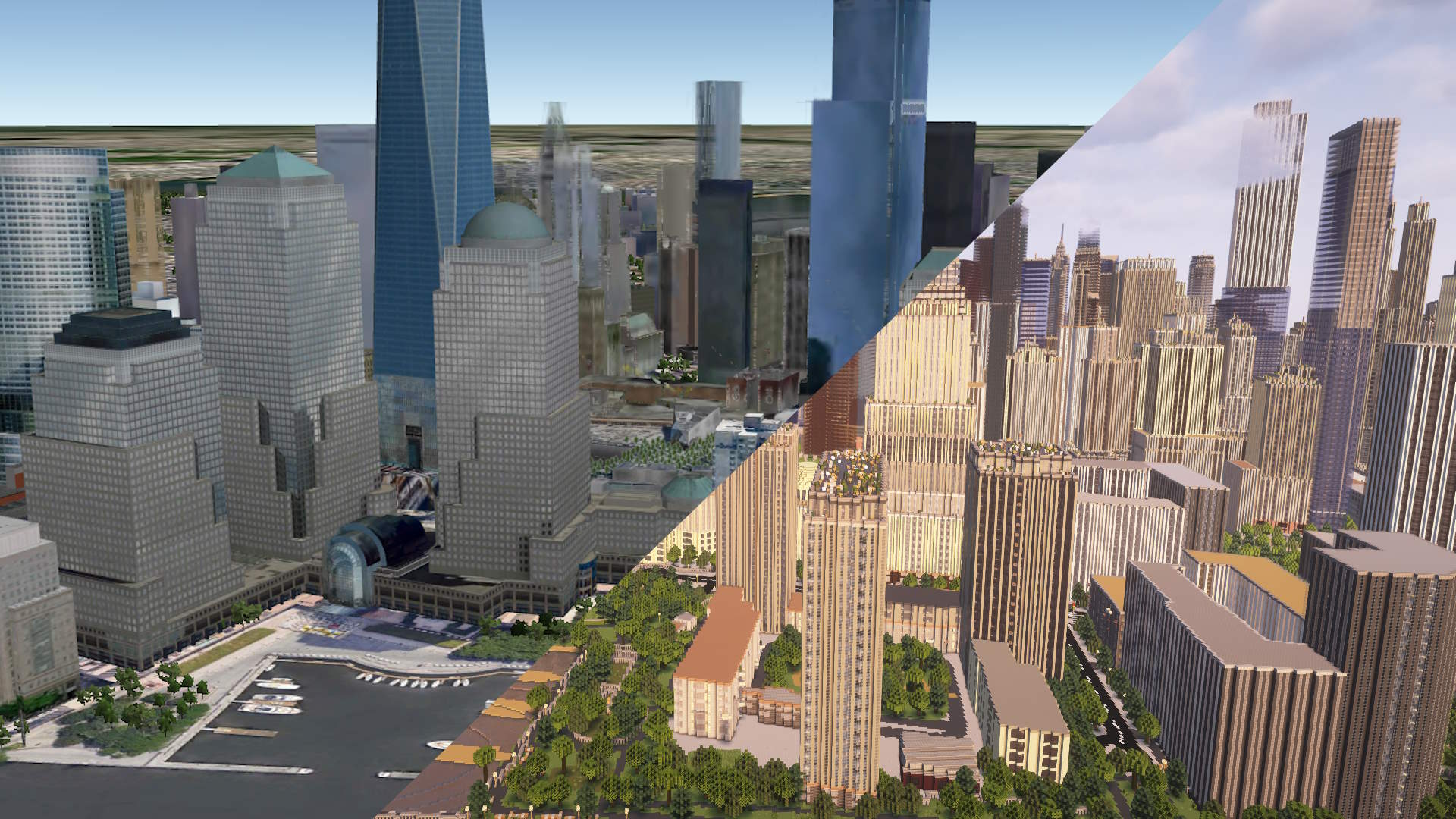 Side-by-side comparison of a real location and its Minecraft version generated with Arnis