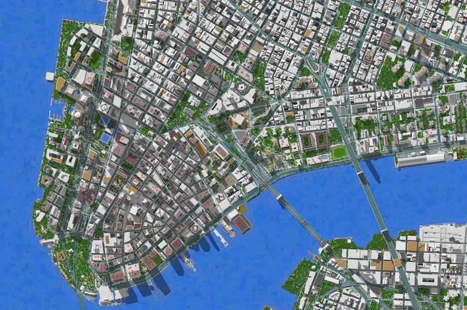 The same area of Lower Manhattan generated as a Minecraft world