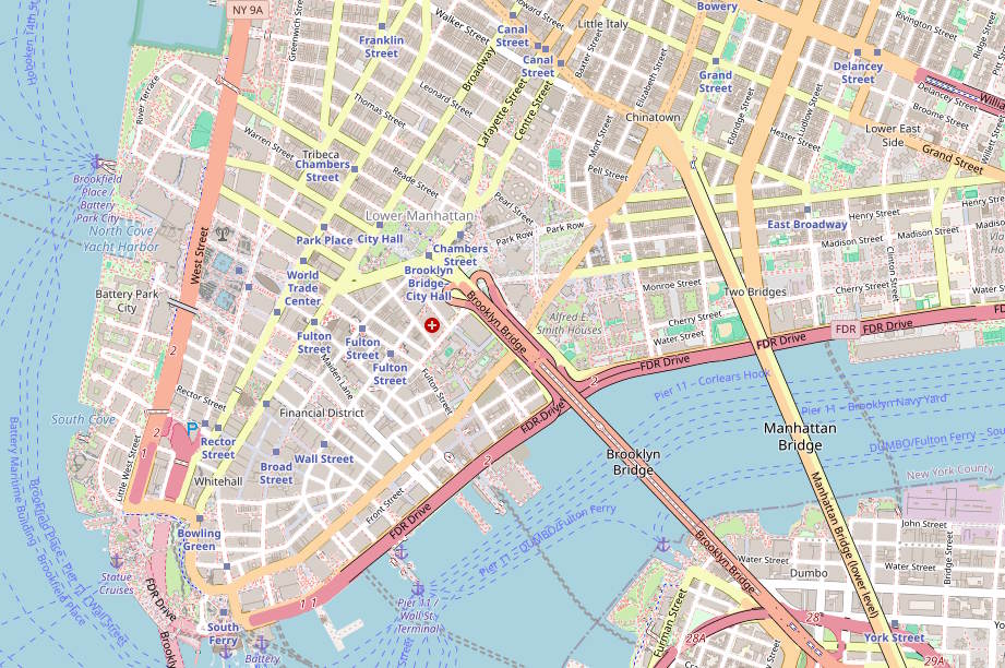 Lower Manhattan on a real-world map from OpenStreetMap