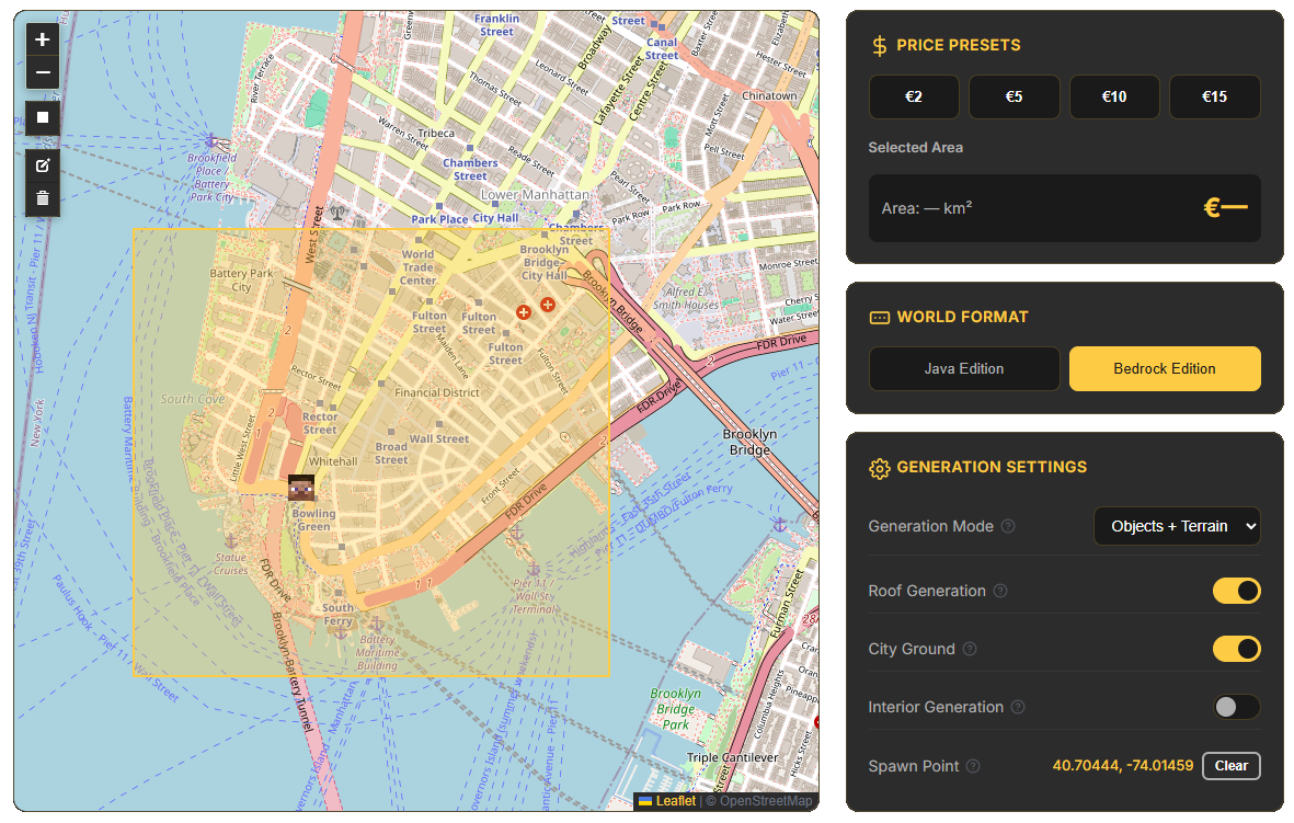 MapSmith Generator — Select any area on the map to generate a Minecraft world online
