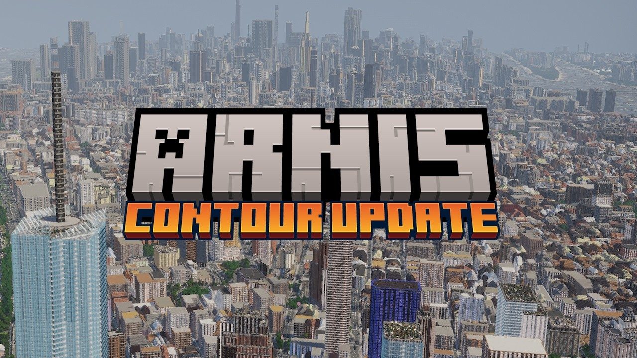 The Arnis Contour Update title card over a generated city skyline in Minecraft