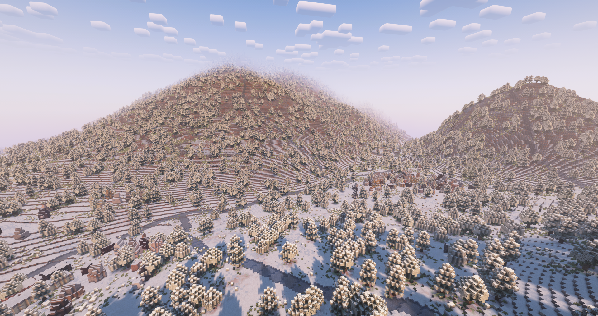Alpine mountain terrain rendered in Minecraft via Arnis