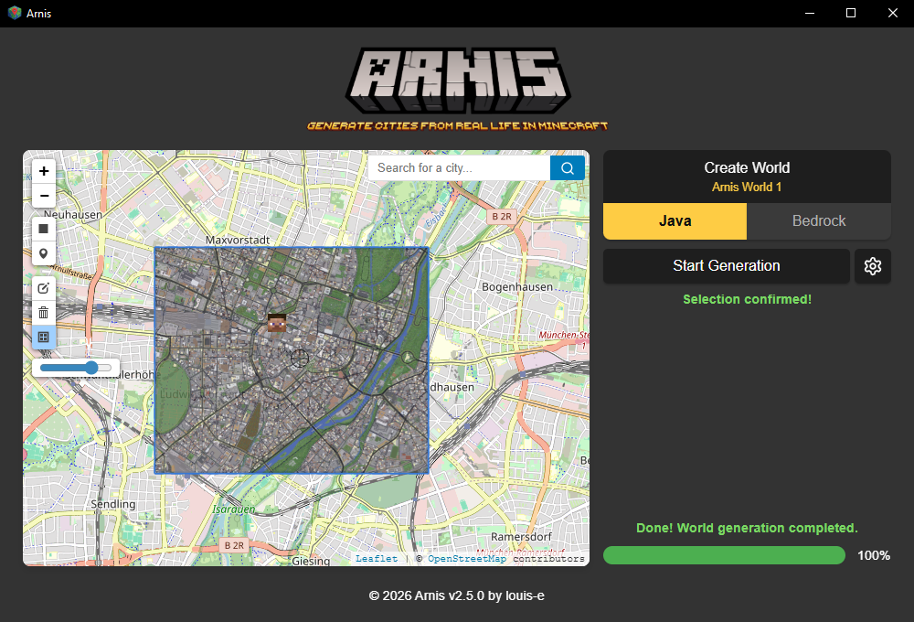 Arnis desktop GUI: area selection on the map