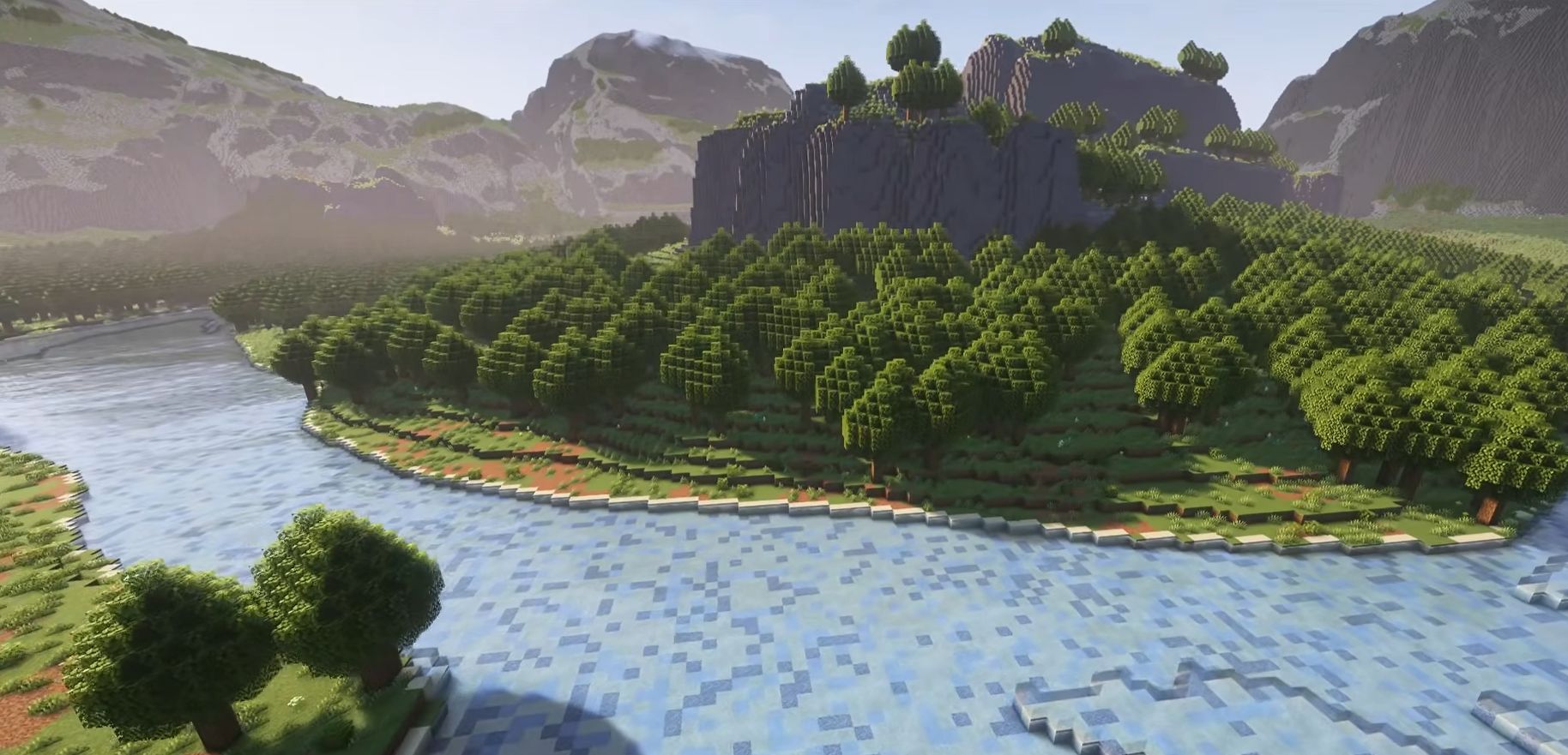 Forested mountain terrain rendered in Minecraft via Arnis
