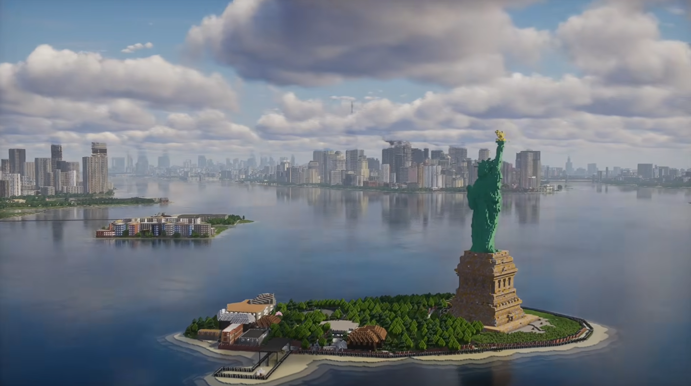 New York skyline rendered in Minecraft via Arnis (angle 1)