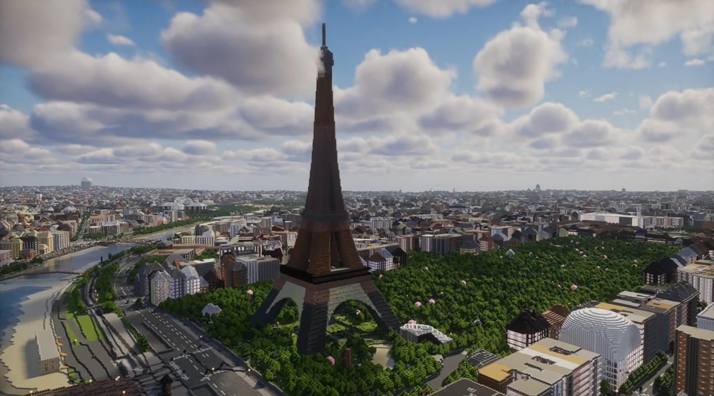 Paris with the Eiffel Tower rendered in Minecraft via Arnis (angle 1)