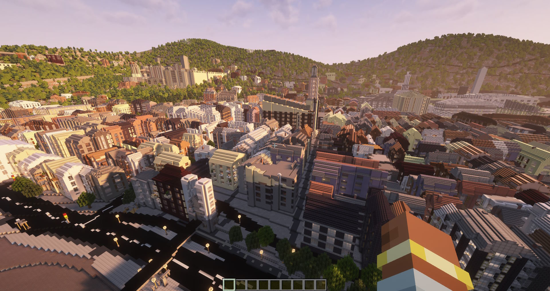 Wide aerial view of a generated Arnis world in Minecraft